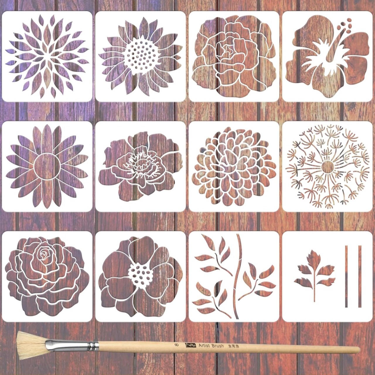 12PCS Large Flower Painting Stencils Set – 12×12 Inch Giant Floral & Sunflower Templates with Brushes for Wood, Wall, Fence, Furniture, Fabric & DIY Home Decor